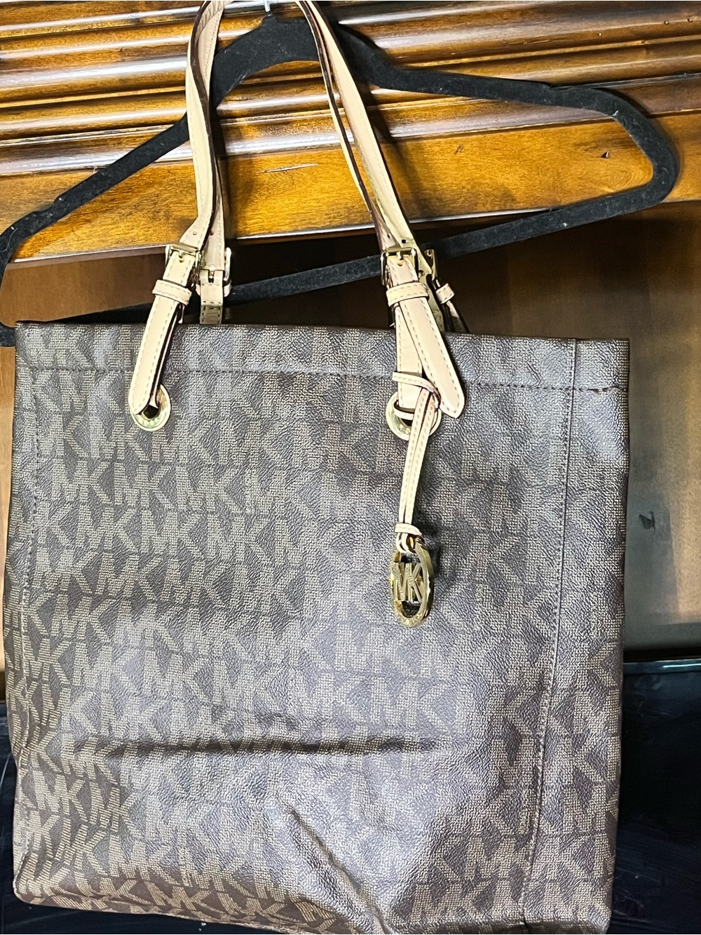 Michael Kors Brown Logo Tote Bag with Beige Straps